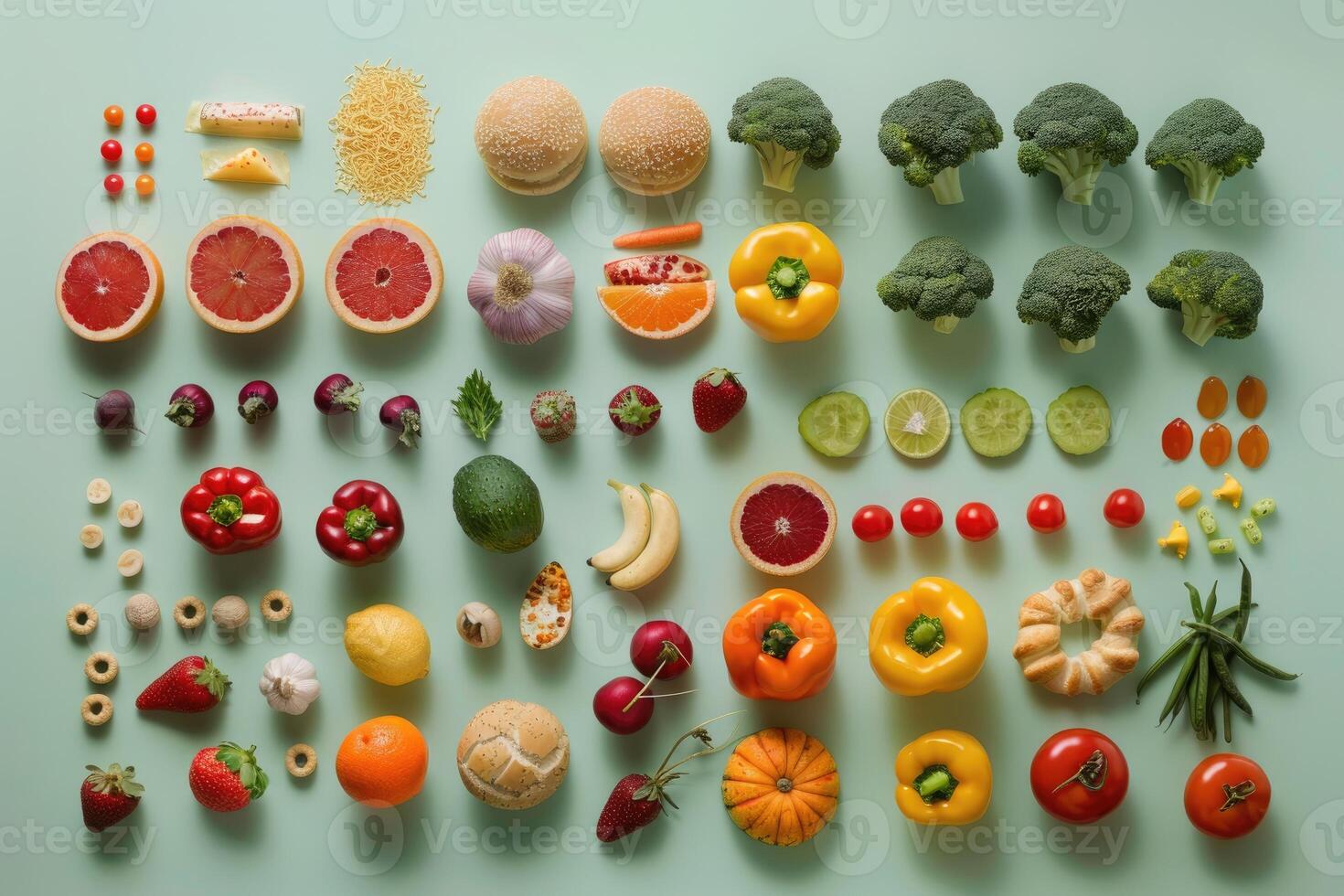 A Colorful Arrangement of Fresh Produce and Bread on a Light Green Background photo