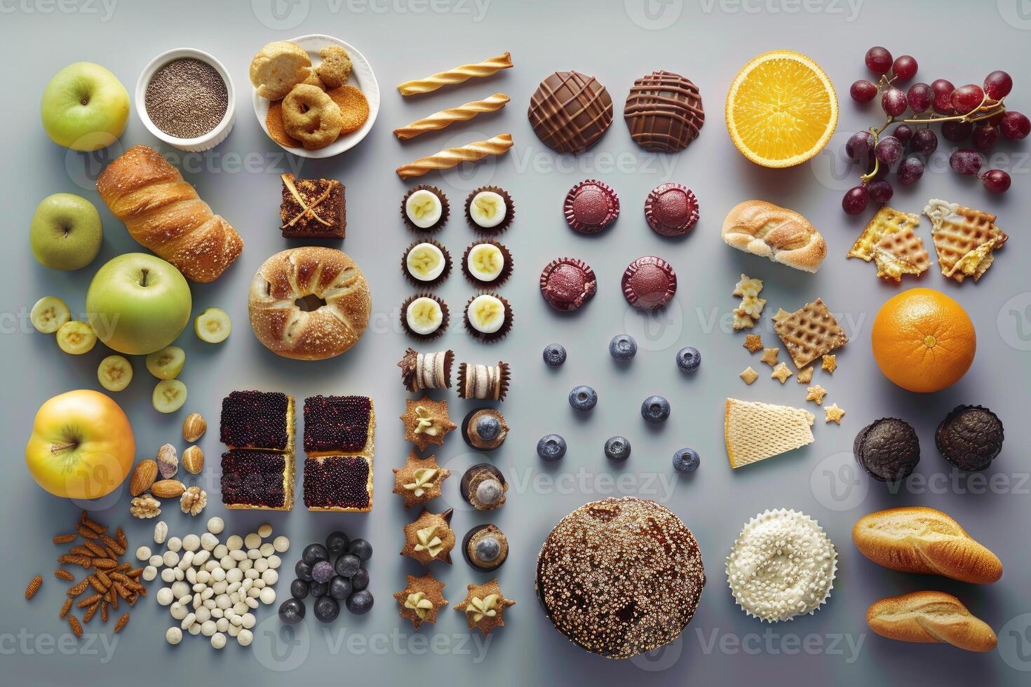 A Diverse Arrangement of Food Items on a Gray Surface photo