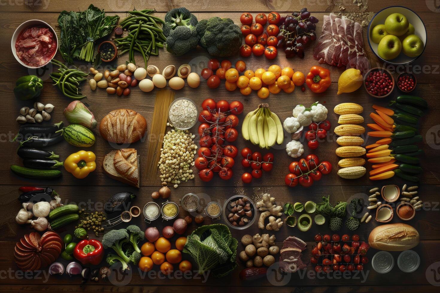 A Colorful Arrangement of Fresh Produce, Meats, and Grains on a Wooden Surface photo