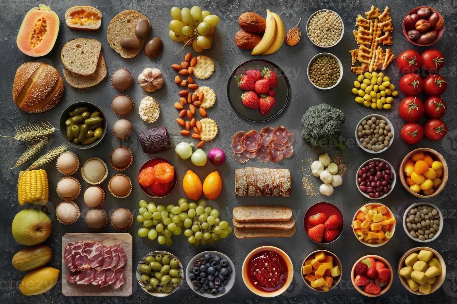 A Diverse Arrangement of Food Items on a Dark Surface photo