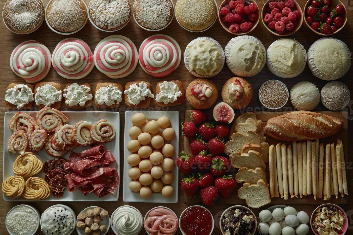 An Overhead View of a Table Spread with Various Food Items photo