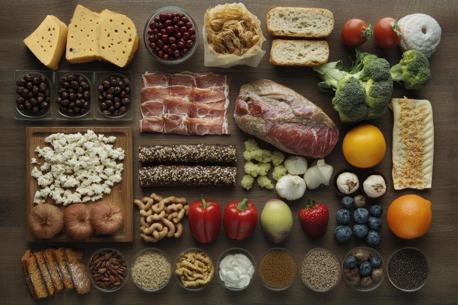 A Variety of Food Items Arranged on a Wooden Surface photo