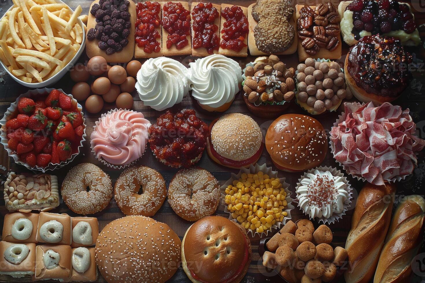 An Assortment of Bakery and Deli Items on a Wooden Surface photo