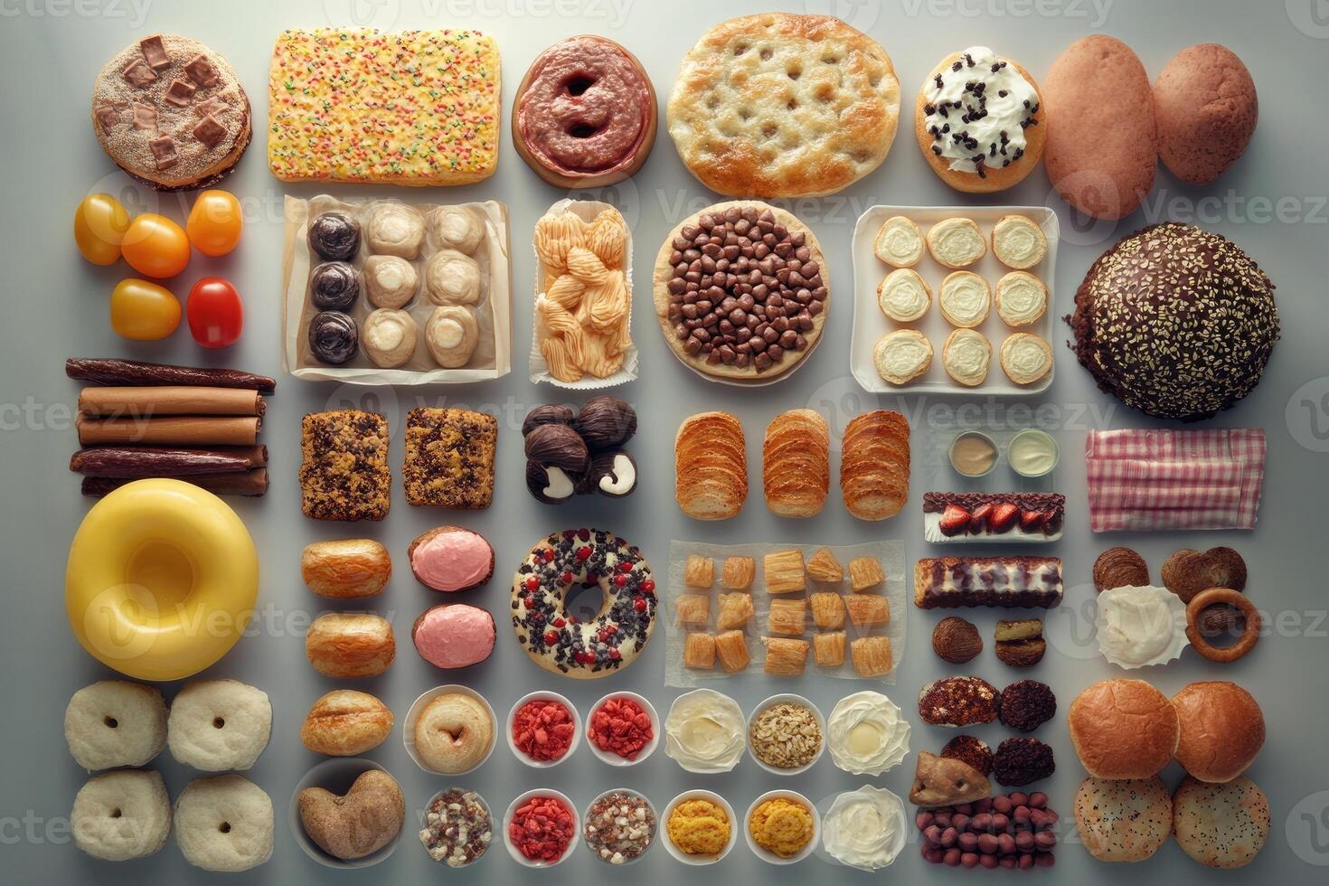 A Variety of Sweet and Savory Baked Goods and Pastries Arranged in a Grid Pattern photo