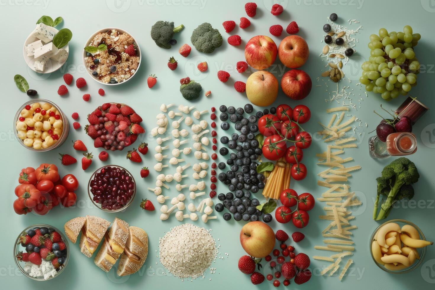 A Colorful Arrangement of Fresh Fruits, Vegetables, and Other Food Items on a Light Blue Background photo
