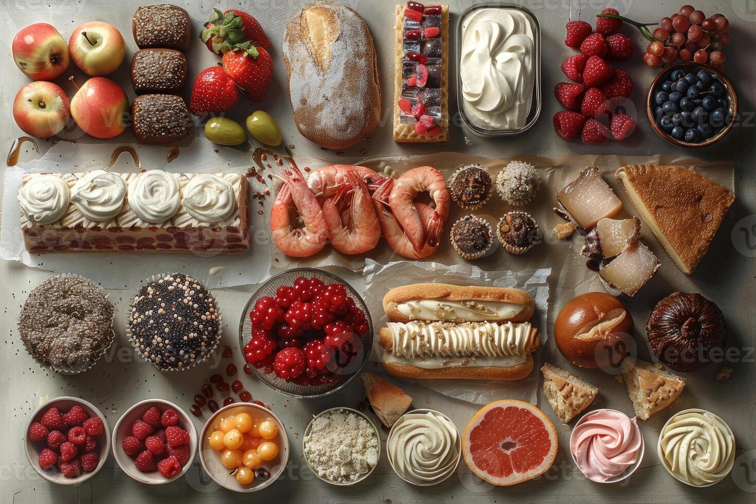 A Variety of Desserts and Fresh Fruits Arranged on a Tabletop photo
