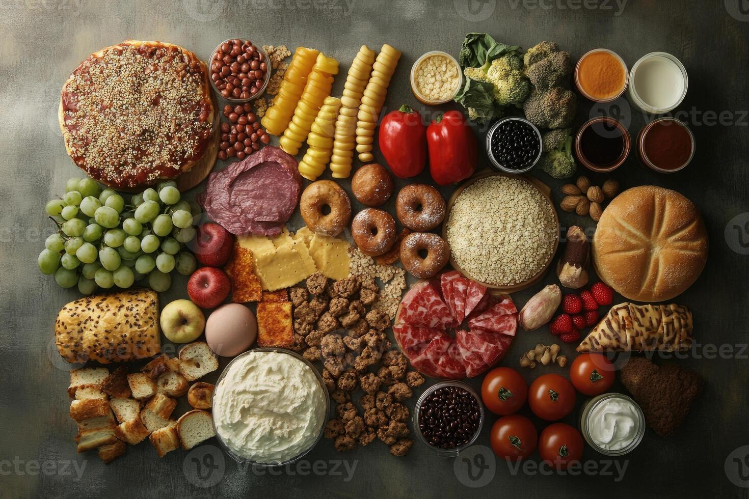 An Assortment of Food Items Arranged on a Gray Surface photo
