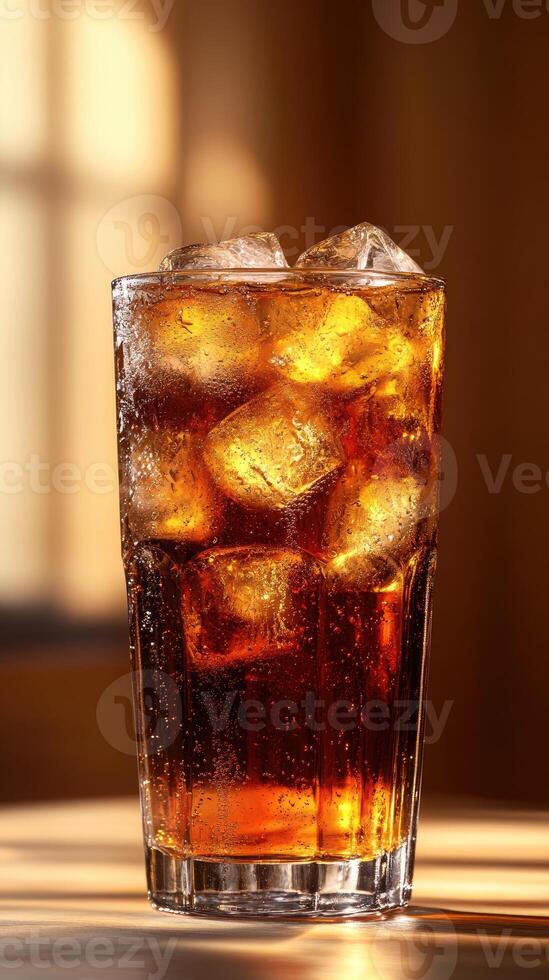 Glass of Cola with Ice Cubes on a Wooden Table photo