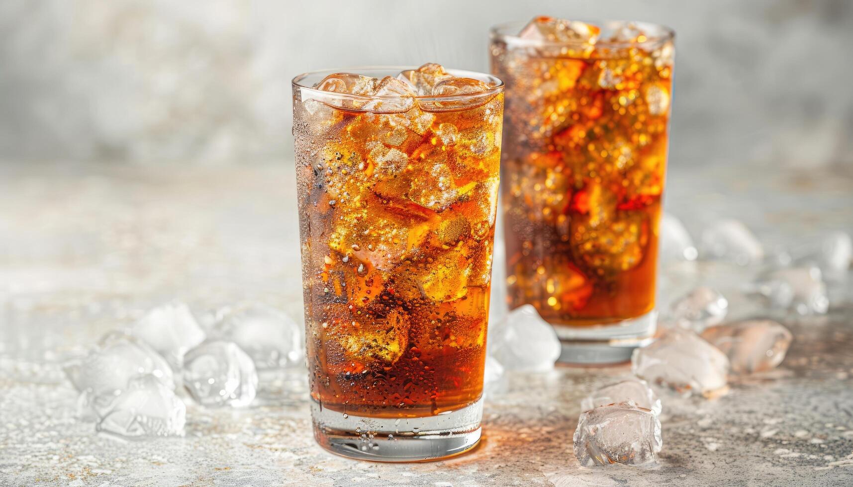Two Glasses of Cold Brown Soda with Ice Cubes on a Grey Surface photo