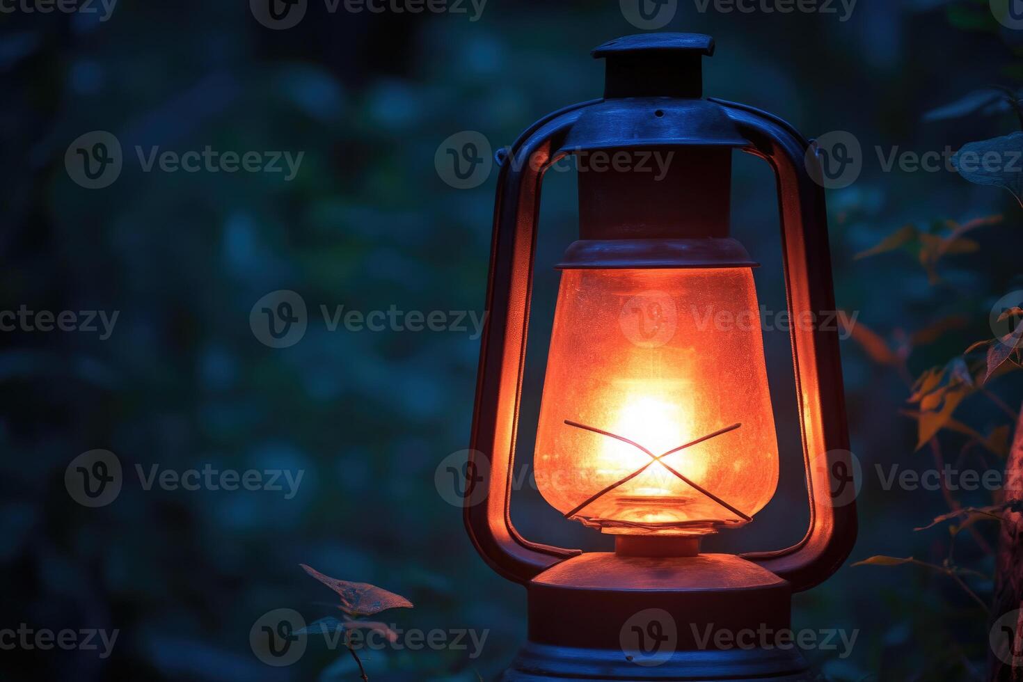 A Lit Oil Lantern in the Darkness of a Forest photo