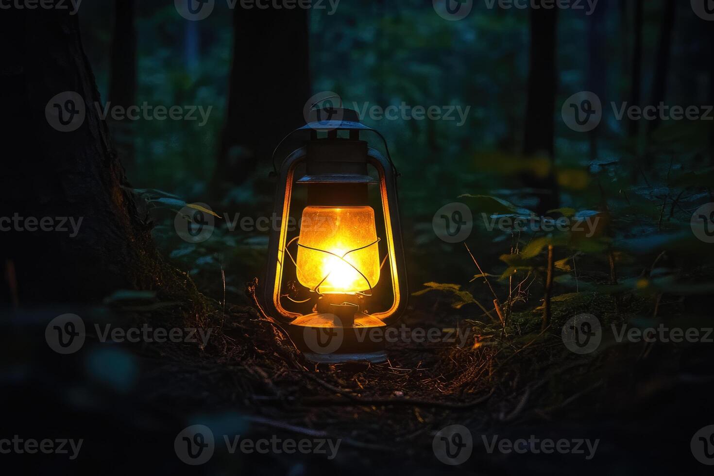 A Luminous Lantern Illuminates a Dark Forest Path photo