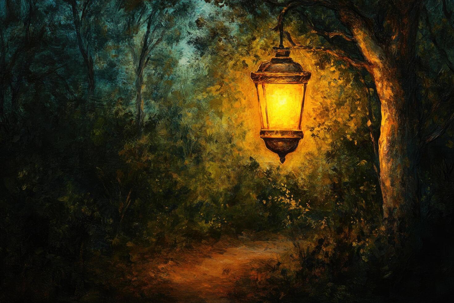 Illuminated Path Through a Dark Forest with a Lantern Hanging from a Tree photo