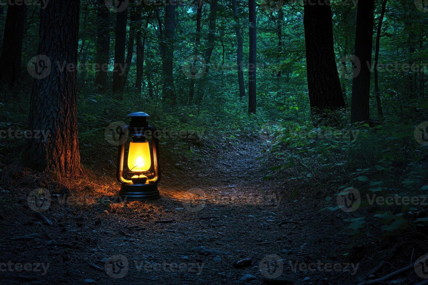Illuminated Path Through a Dark Forest with a Lantern photo