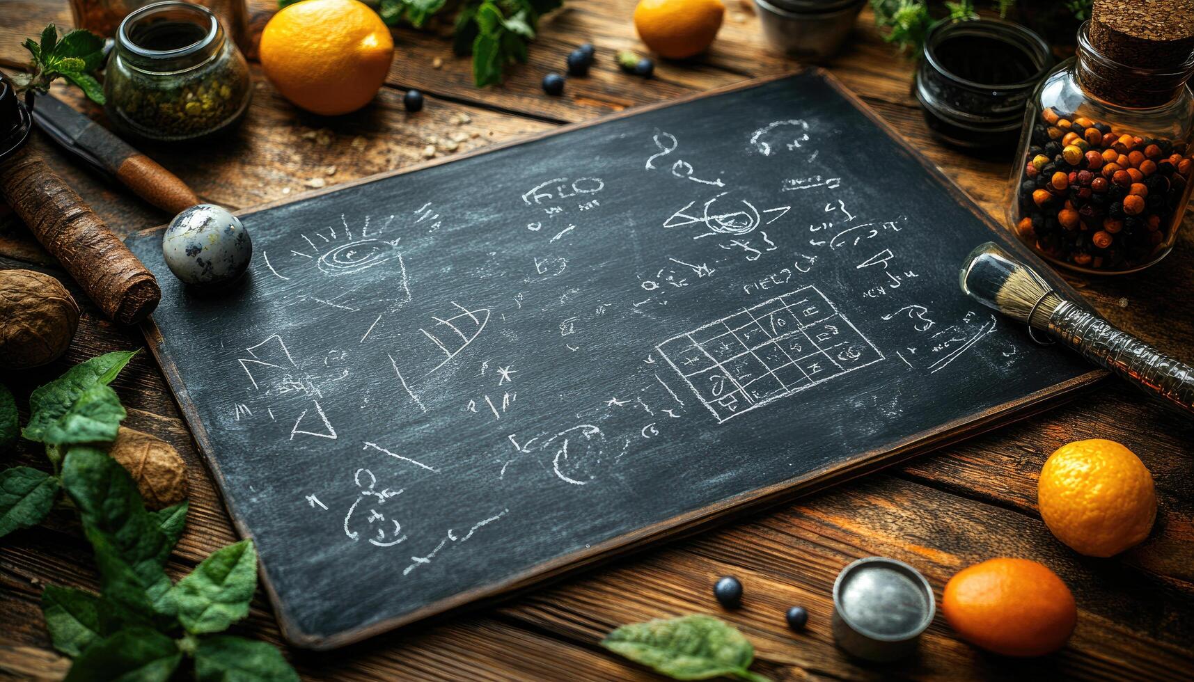 Chalkboard with Handwritten Equations and Symbols Surrounded by Herbs and Citrus Fruits photo