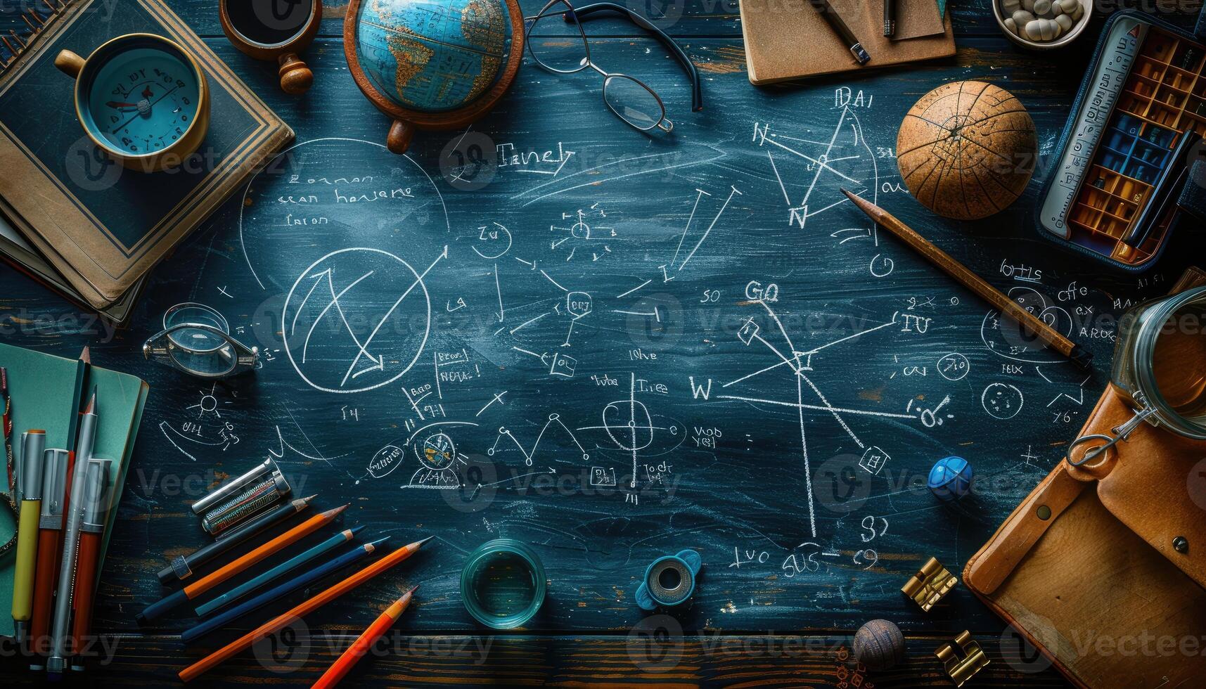 A Flat Lay Composition Featuring a Chalkboard Covered in Scribbles and Various School Supplies photo