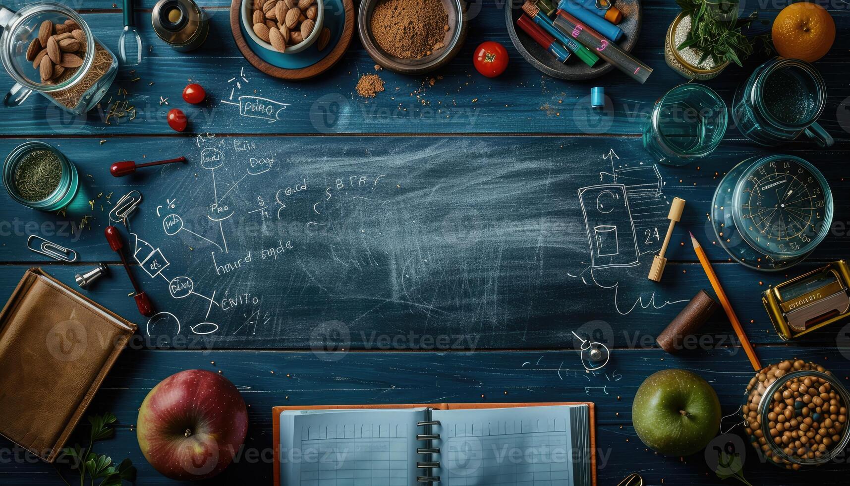 Blue Table with Assorted Objects and Chalkboard Writing photo