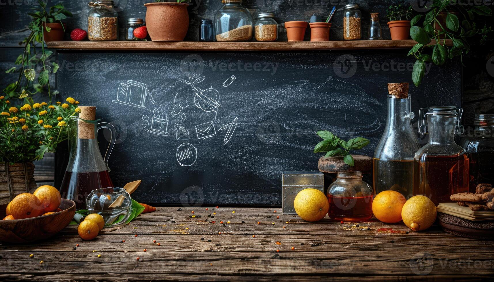 Still Life with Fruit, Glass Bottles, and a Chalkboard photo