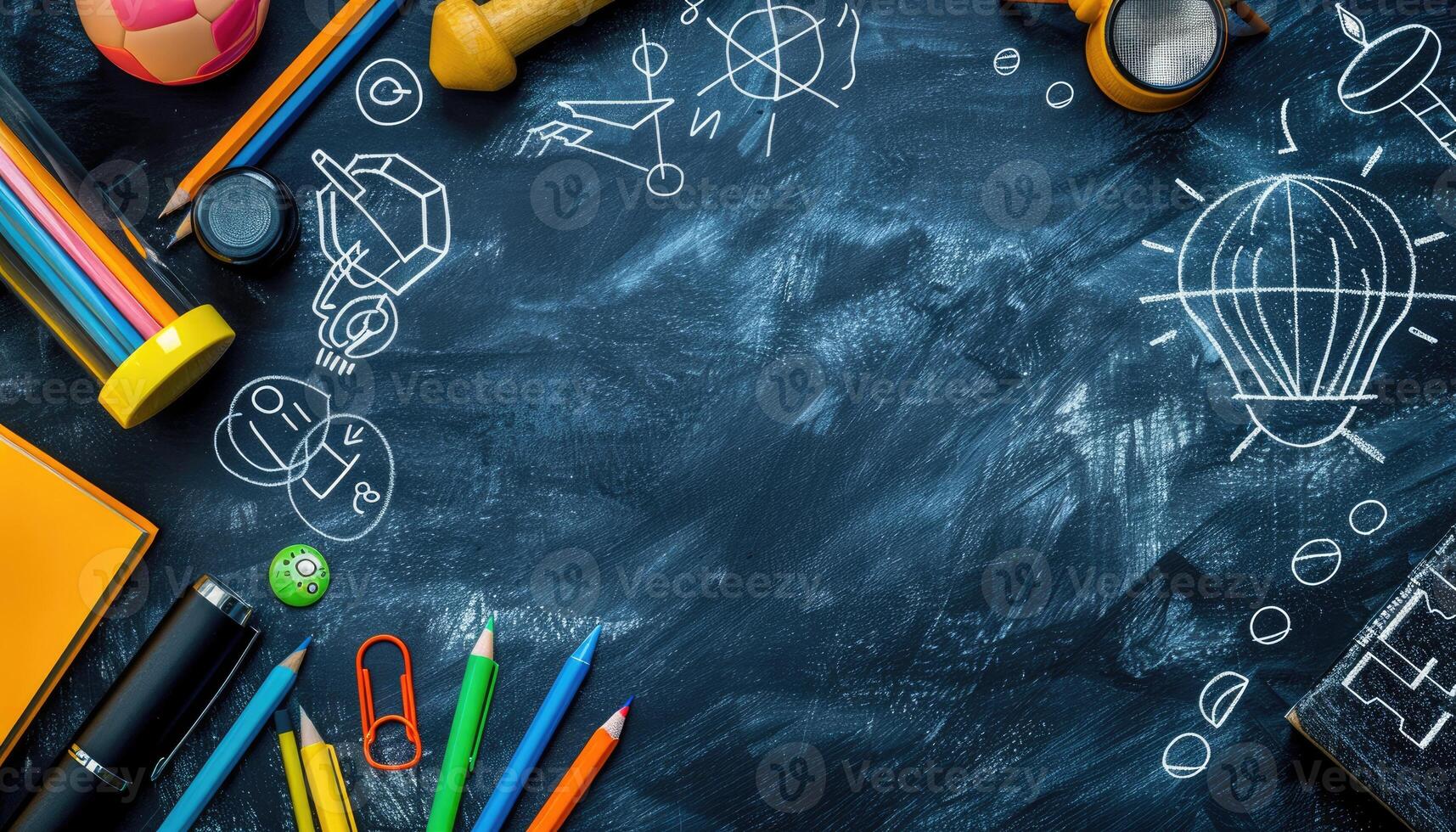 School Supplies and Chalk Drawings on a Blue Blackboard photo