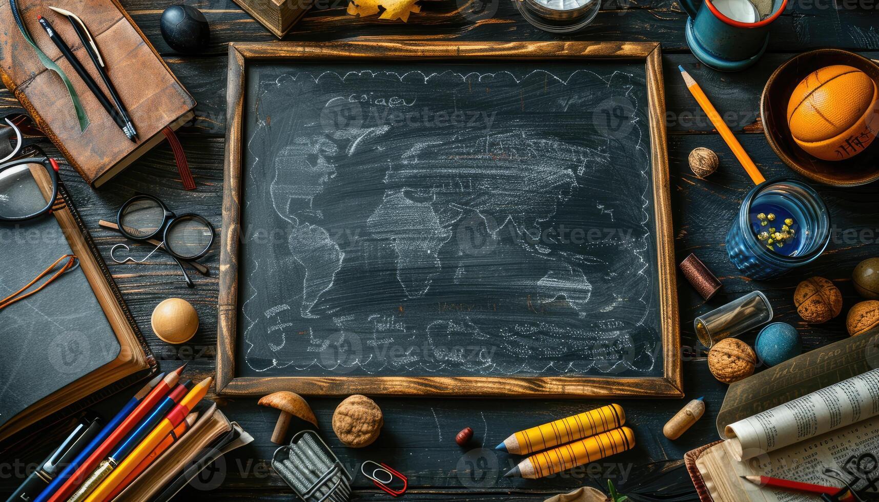 Chalkboard with World Map Drawing, Surrounded by Vintage Objects photo