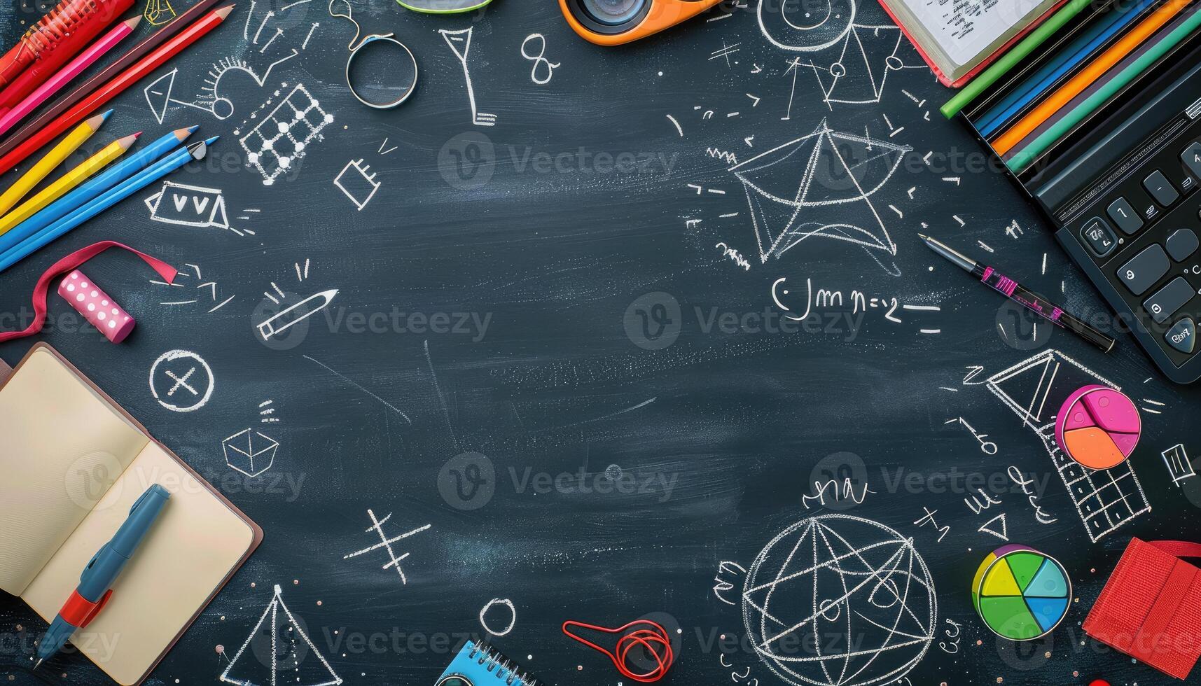 School Supplies Arranged Around a Chalkboard with Drawings photo
