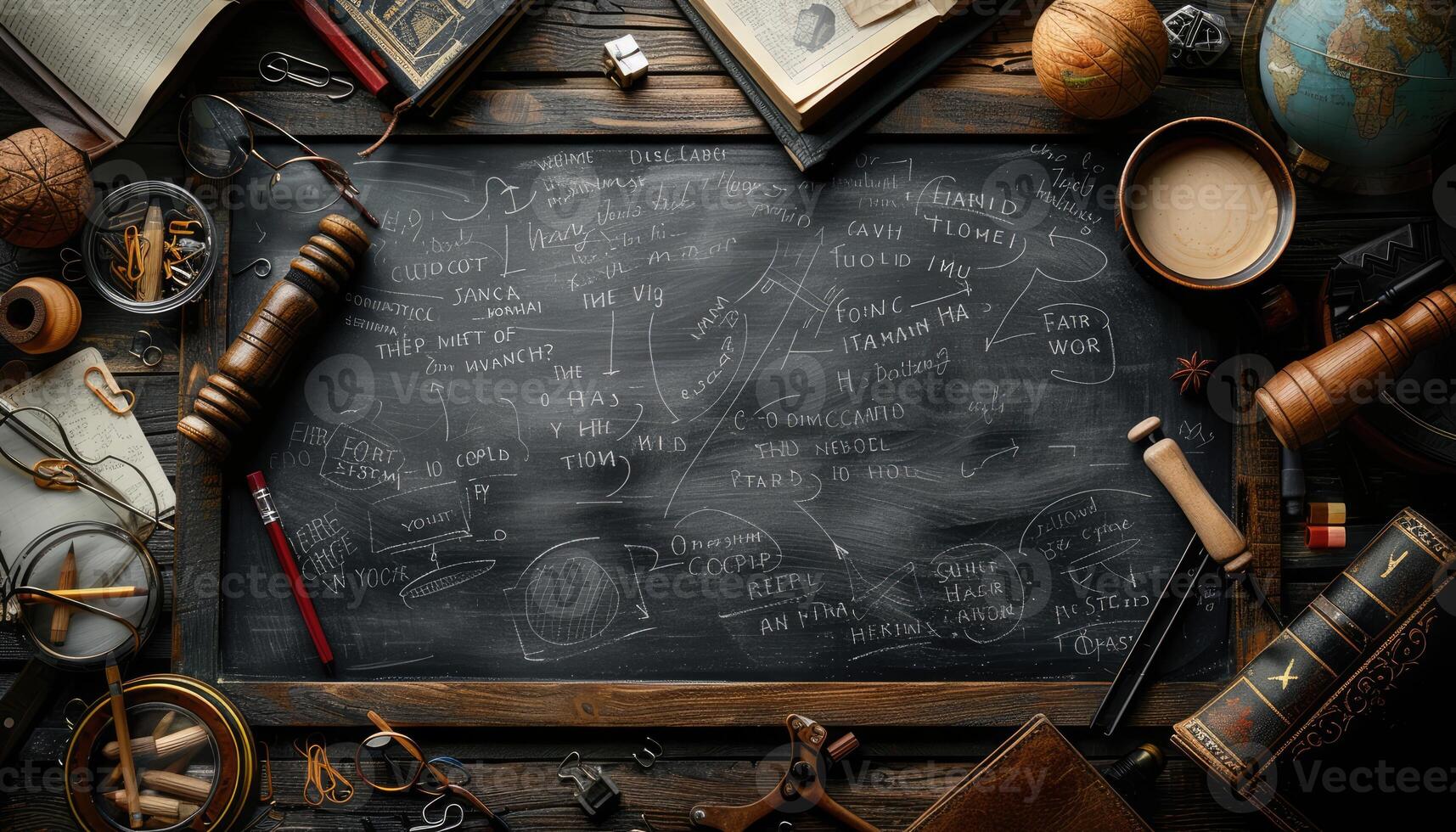 Vintage Blackboard with Handwritten Notes and Surrounding Objects photo