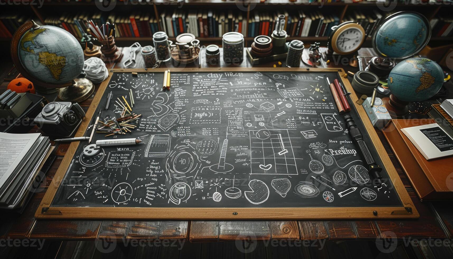 A Chalkboard Covered with Handwritten Notes and Drawings Surrounded by Books, Globes, and Other Objects photo