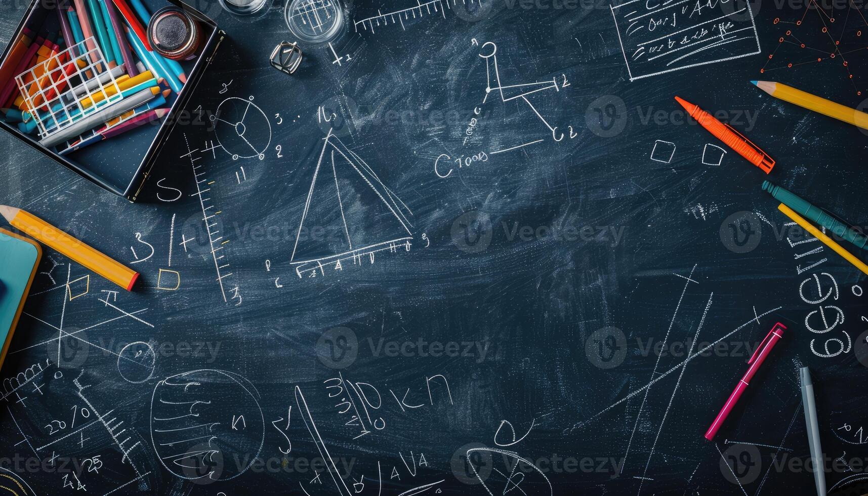 A Black Chalkboard Covered in Handwritten Math Equations and Geometric Shapes with Assorted Colored Pencils and Pens photo