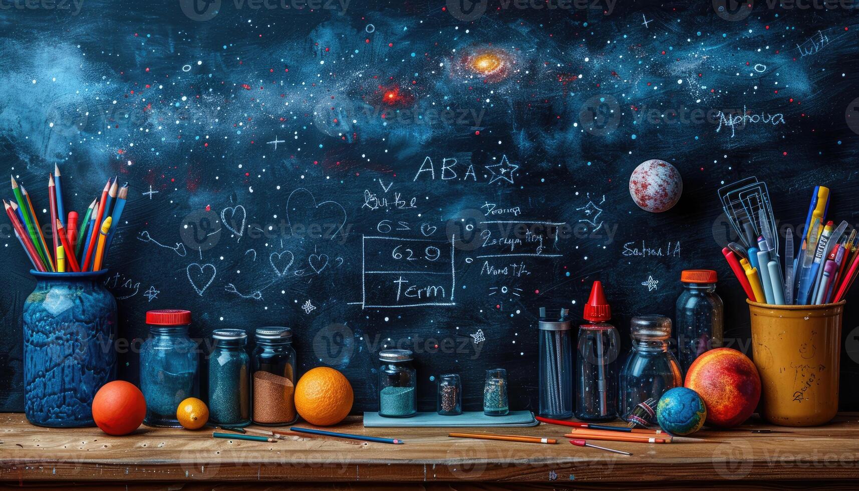 A Still Life with Classroom Supplies Against a Chalkboard Depicting a Galaxy photo