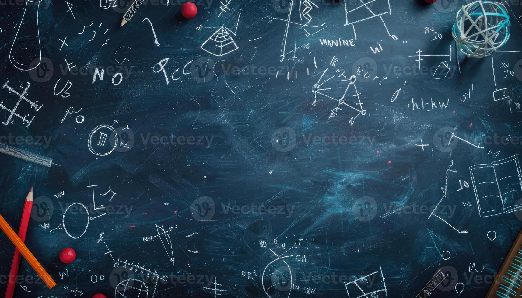 A Blackboard Covered in Chalk Drawings and Objects photo