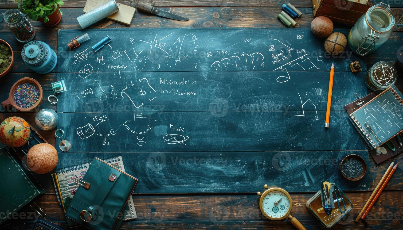 A Vintage Desk with a Blackboard and Assorted Objects photo
