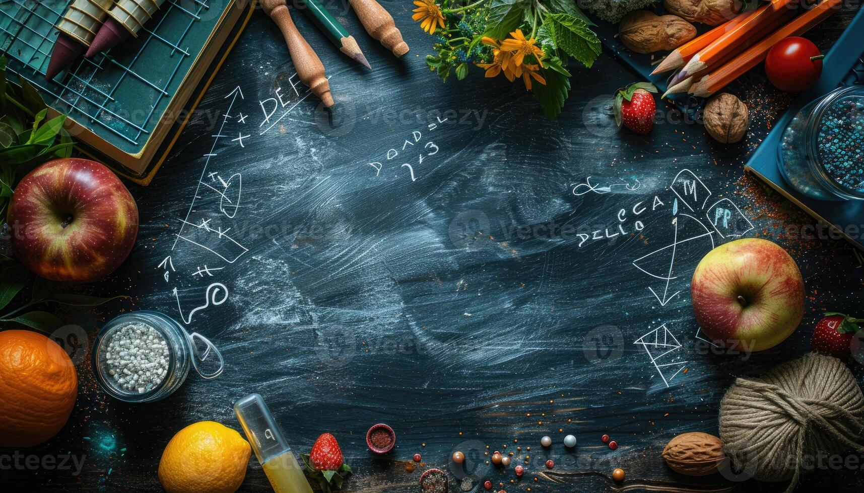 A Dark Blue Wooden Surface with Various Objects Arranged Around It photo