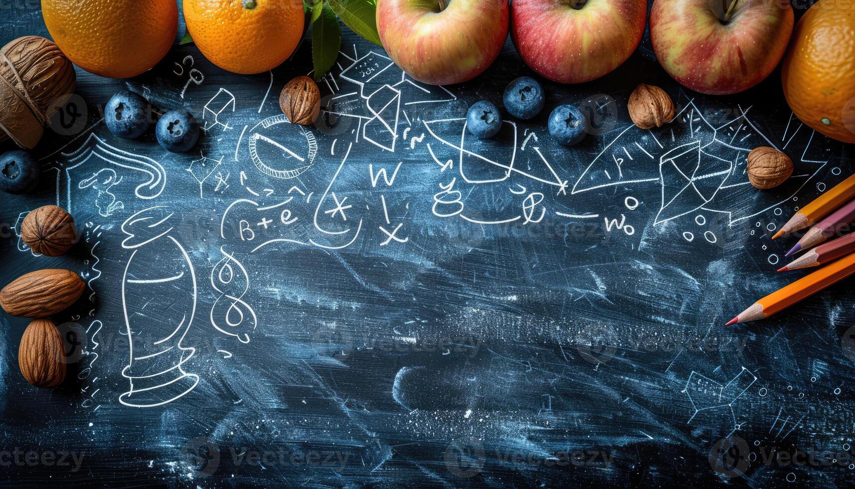 Chalkboard with Fruit, Nuts, Blueberries, and Colored Pencils photo