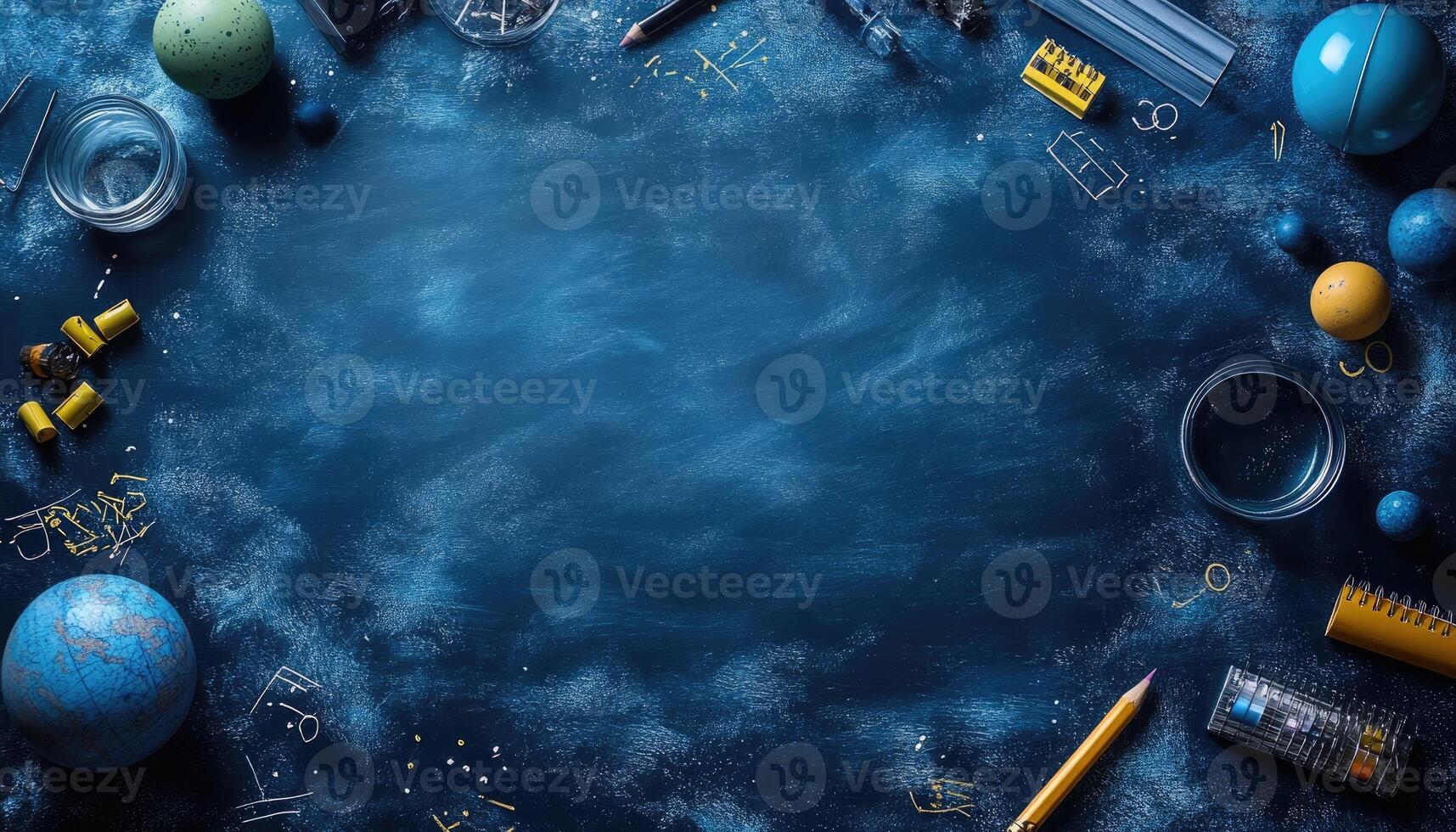 Blue Background with School Supplies and Globe photo