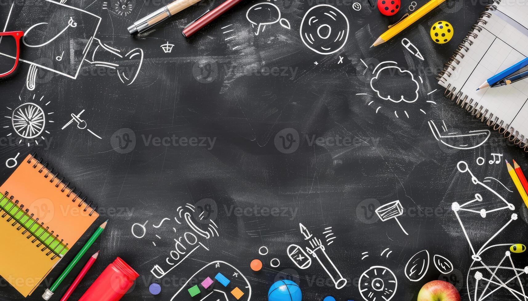 A Black Chalkboard with School Supplies, Toys, and Drawings photo