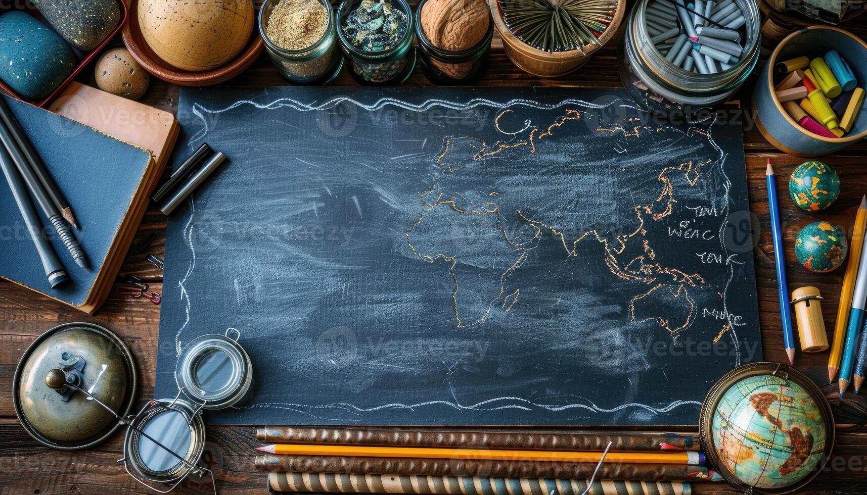 Chalkboard with a World Map Surrounded by Vintage Objects photo