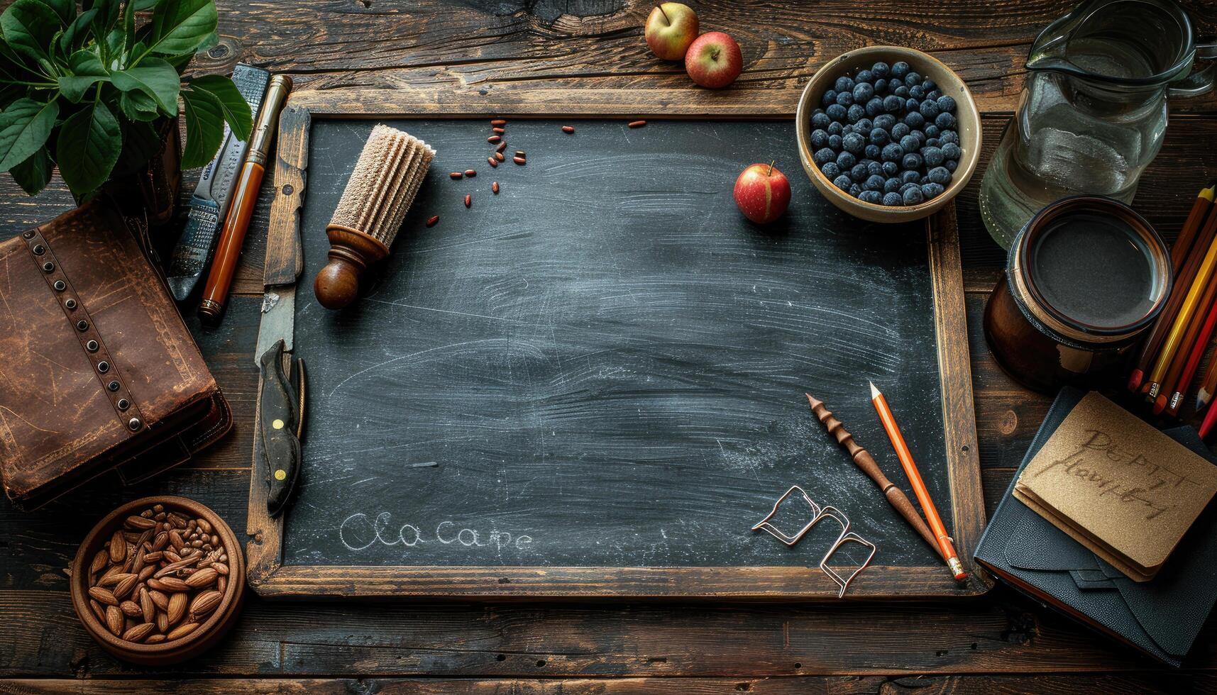 Vintage Blackboard with Rustic Objects and Chalkboard Writing photo