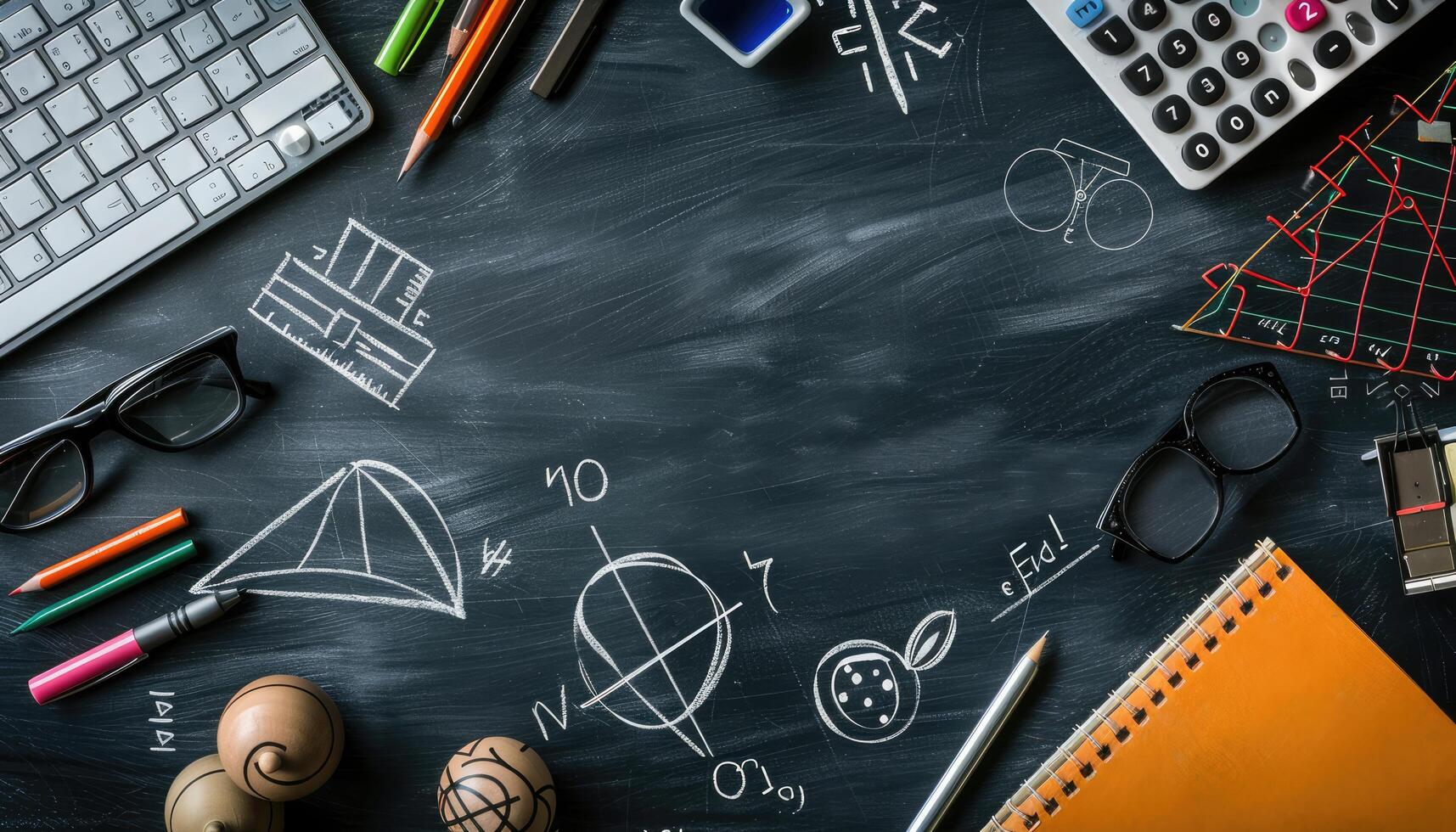 A Black Surface Covered in Math Equations and School Supplies photo