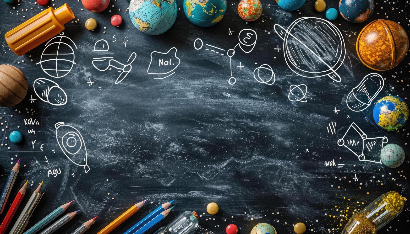 Chalkboard with Planets, Stars, and School Supplies photo