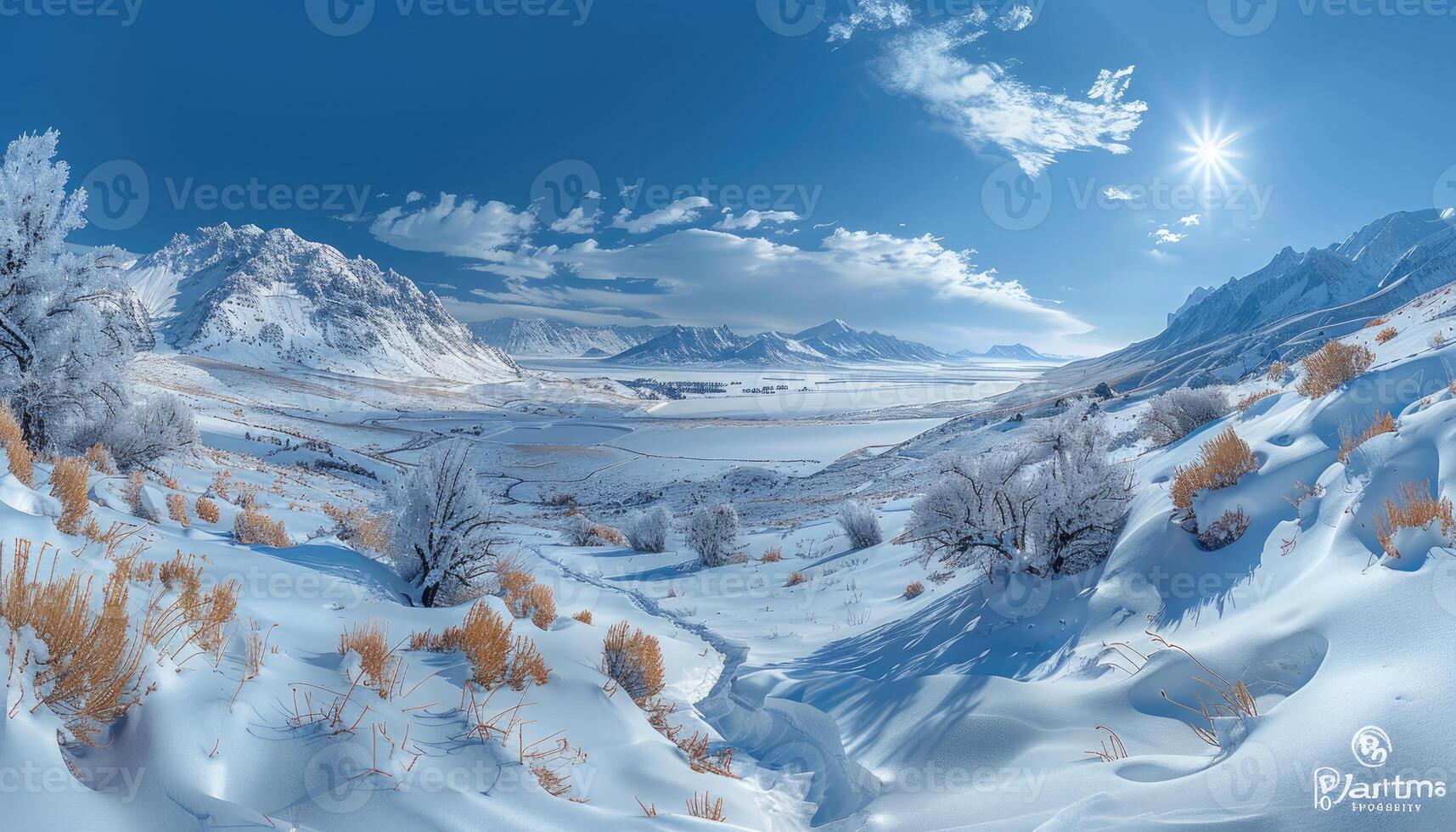 Snowy Mountain Landscape with a Frozen Lake and a Bright Sun photo