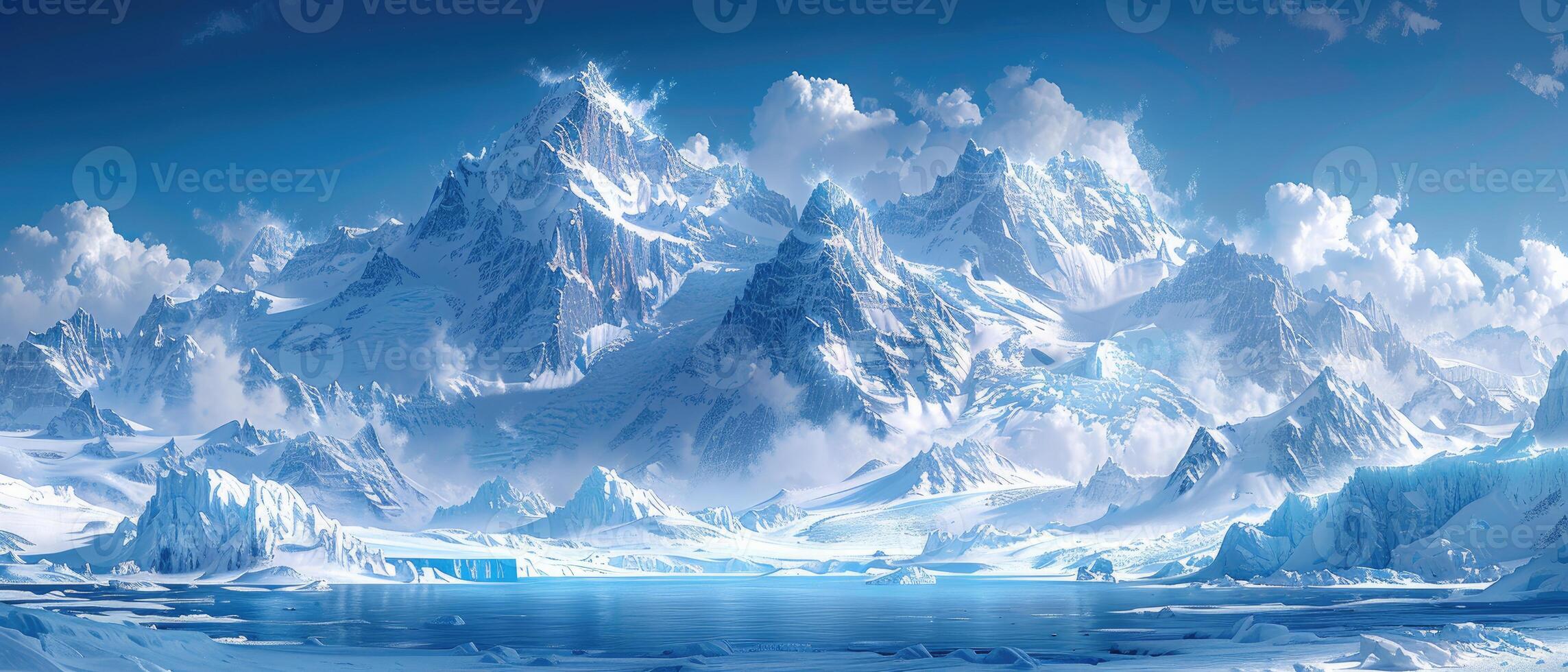 Majestic Snowy Mountain Range with a Frozen Lake in the Foreground photo