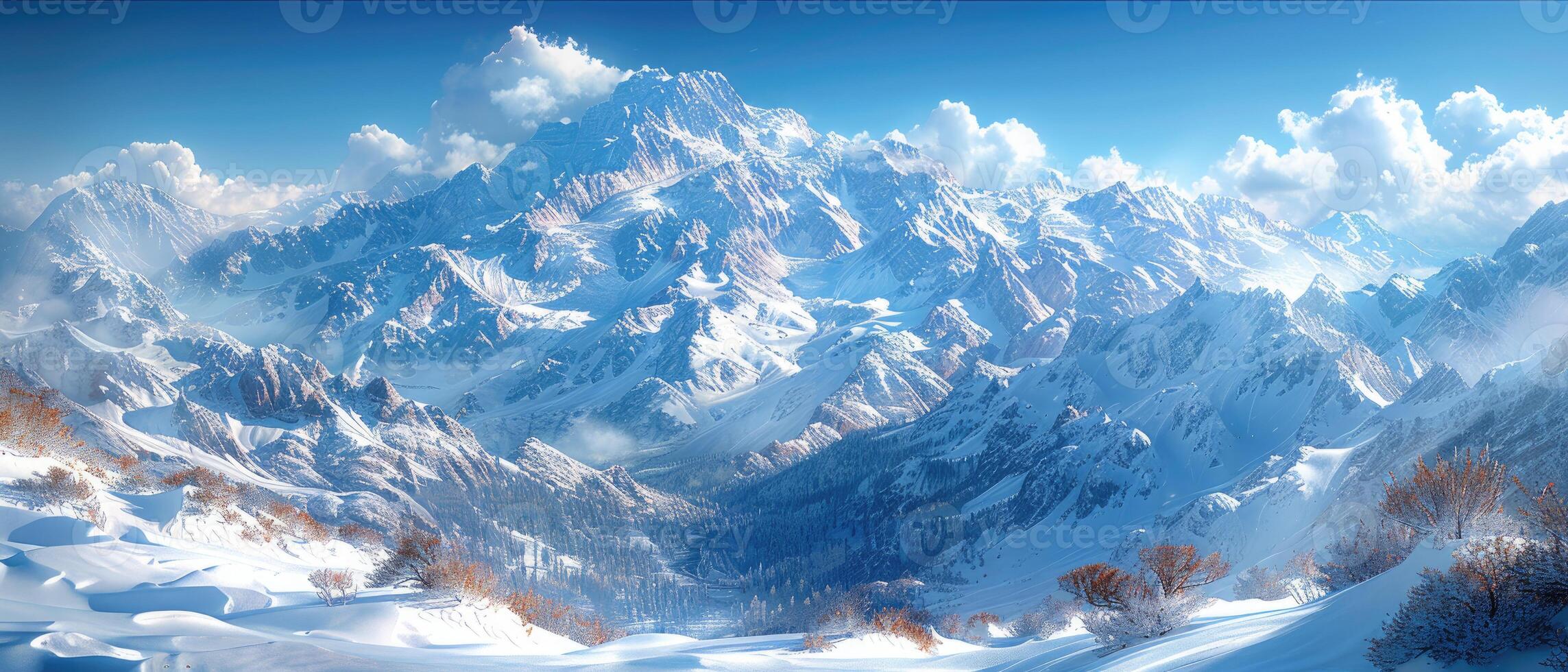 Snowy Mountain Range with Trees in Foreground photo