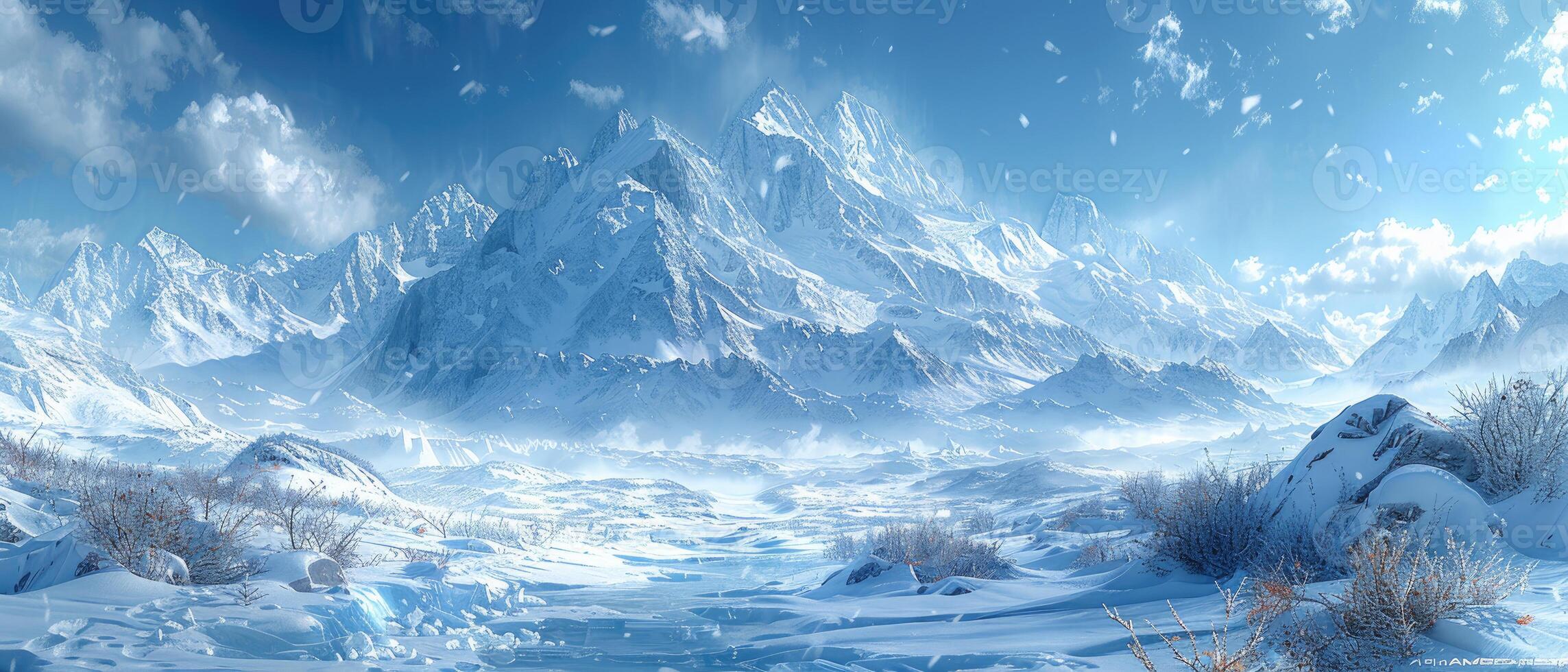 Snowy Mountain Range with Blue Sky and Foreground Bushes photo