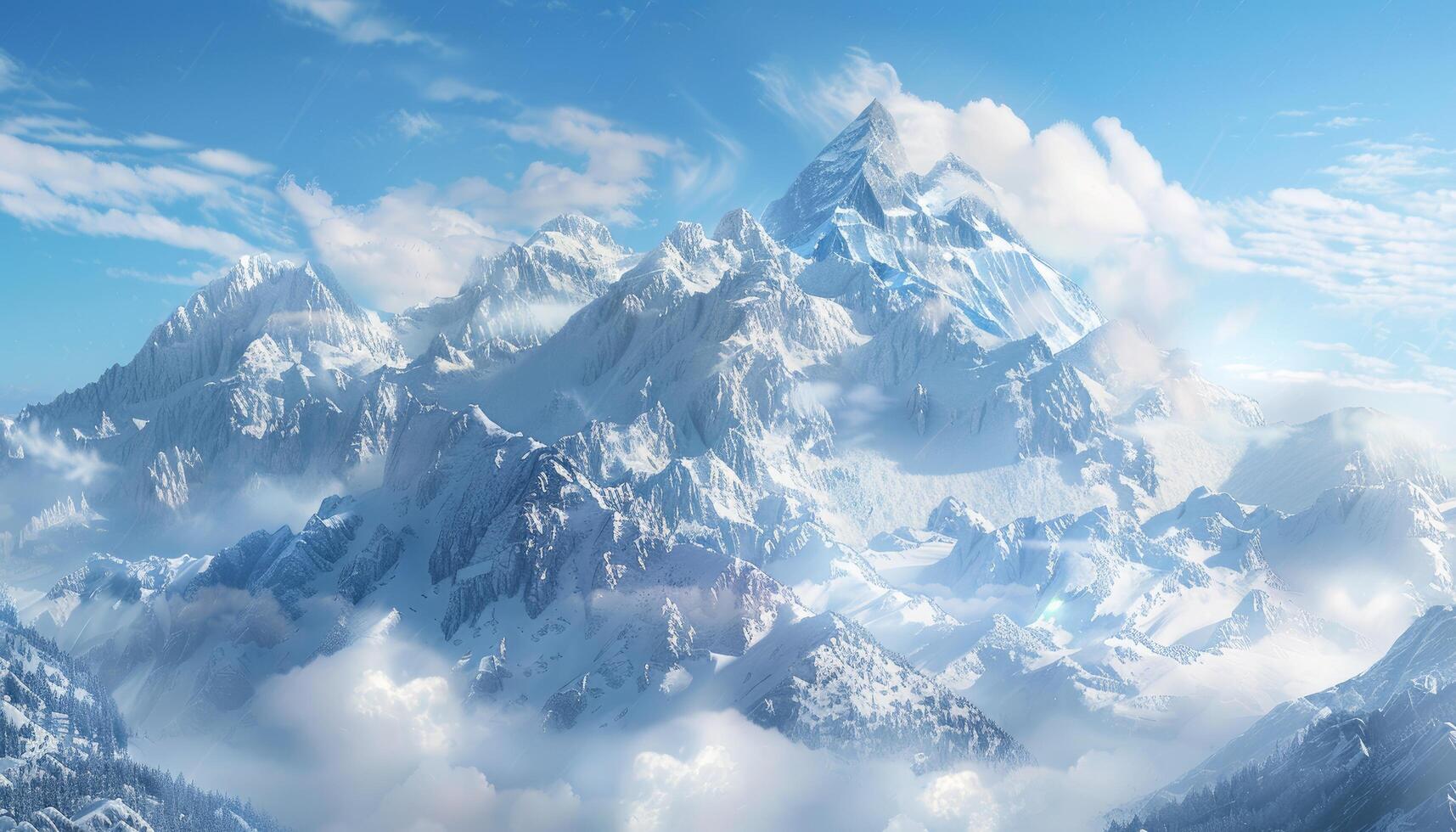 Majestic Snow-Covered Mountain Range with Clouds and Blue Sky photo