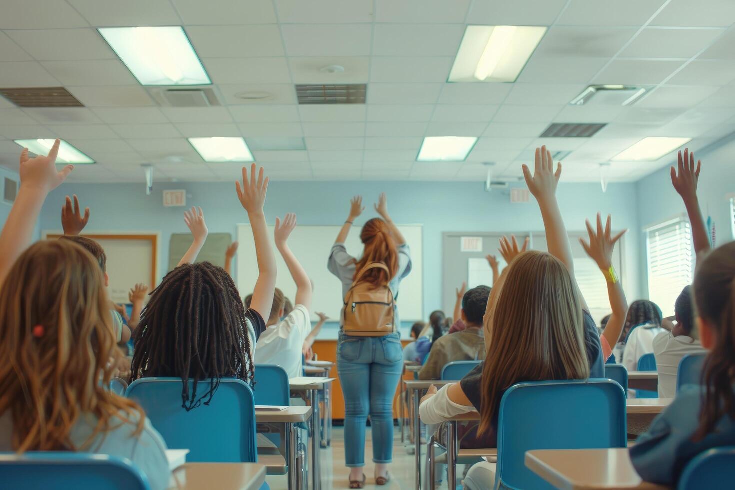 Students with Hands Raised in a Classroom Setting photo