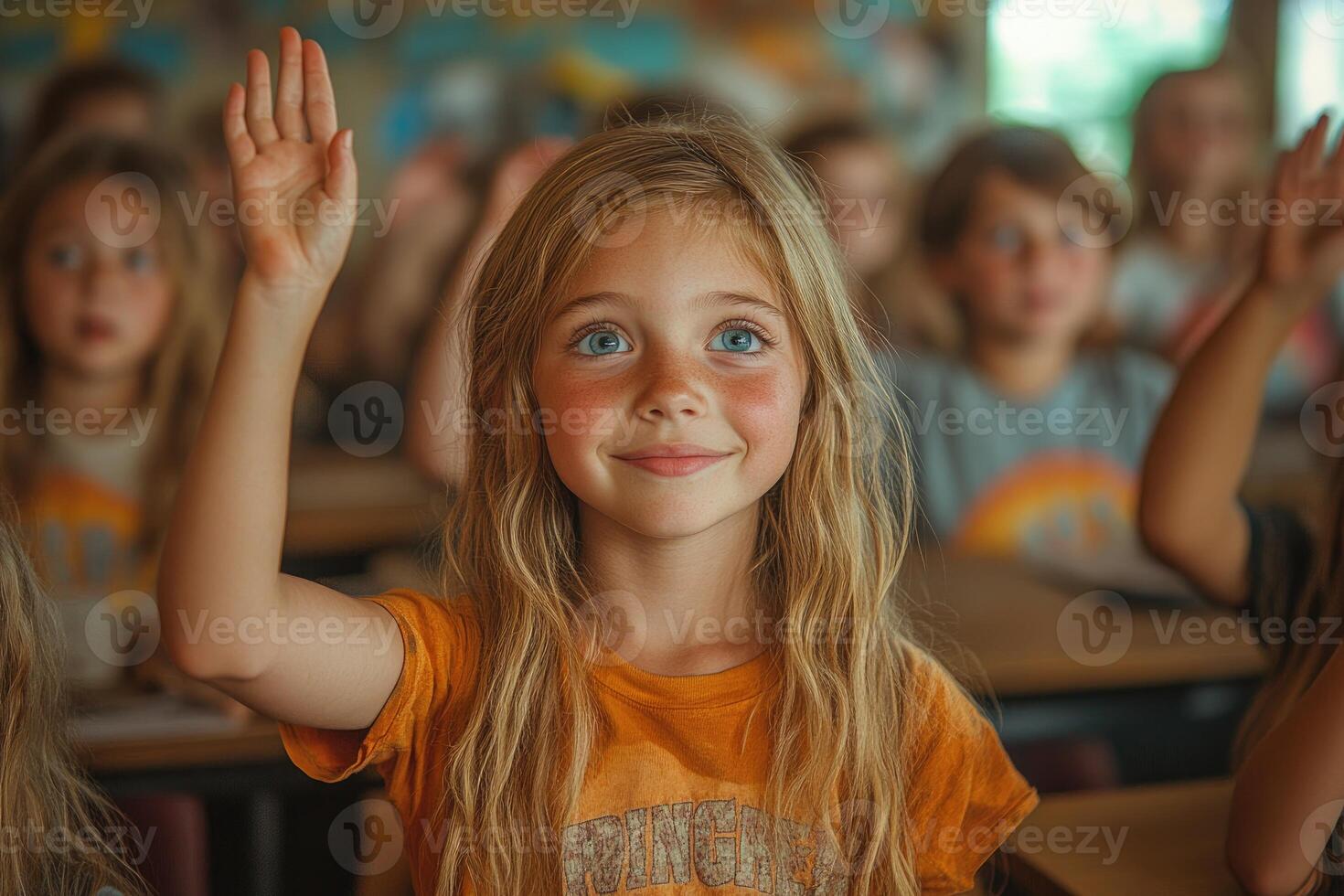 Young Girl with Blonde Hair Raising Her Hand in a Classroom Setting photo