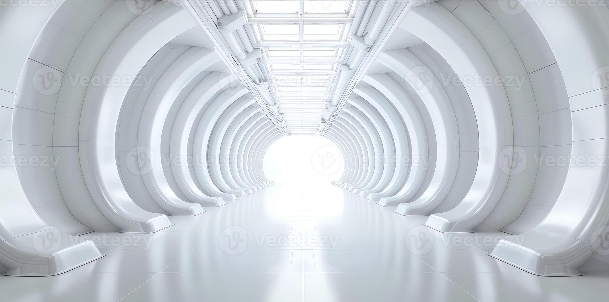 White futuristic tunnel with curved walls leading to a bright light photo