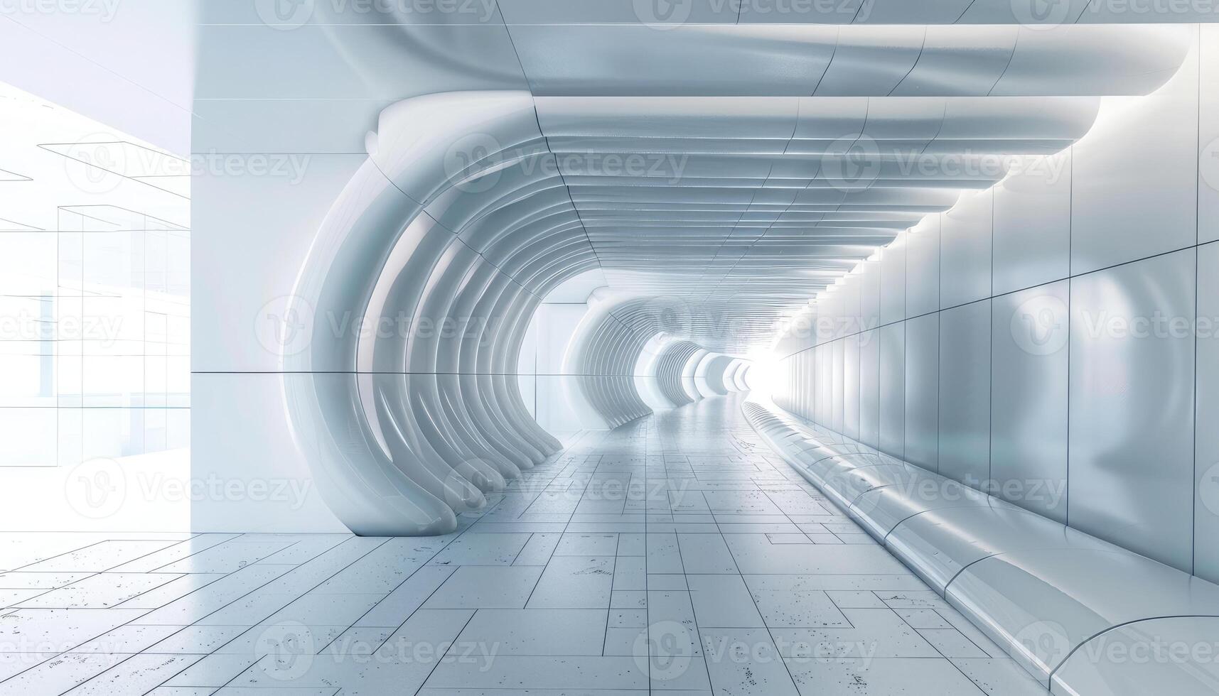 Futuristic White Corridor with Curved Walls and Tiled Floor photo