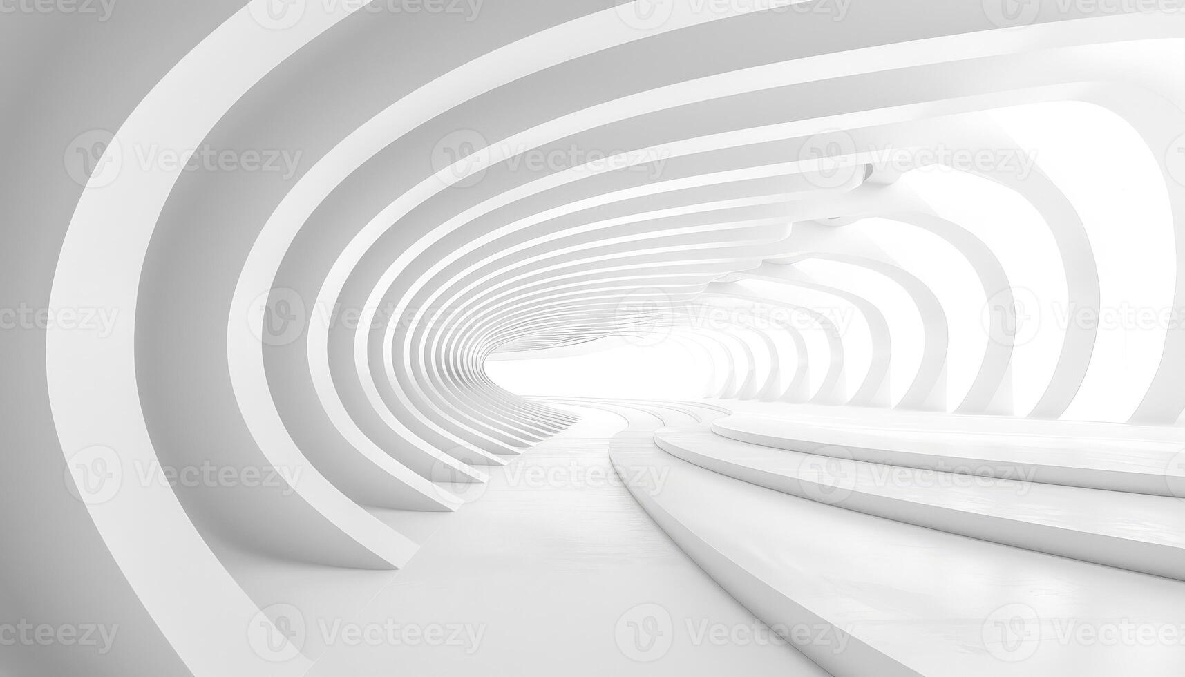 White Curved Architectural Tunnel with a Stairway Leading to Light photo