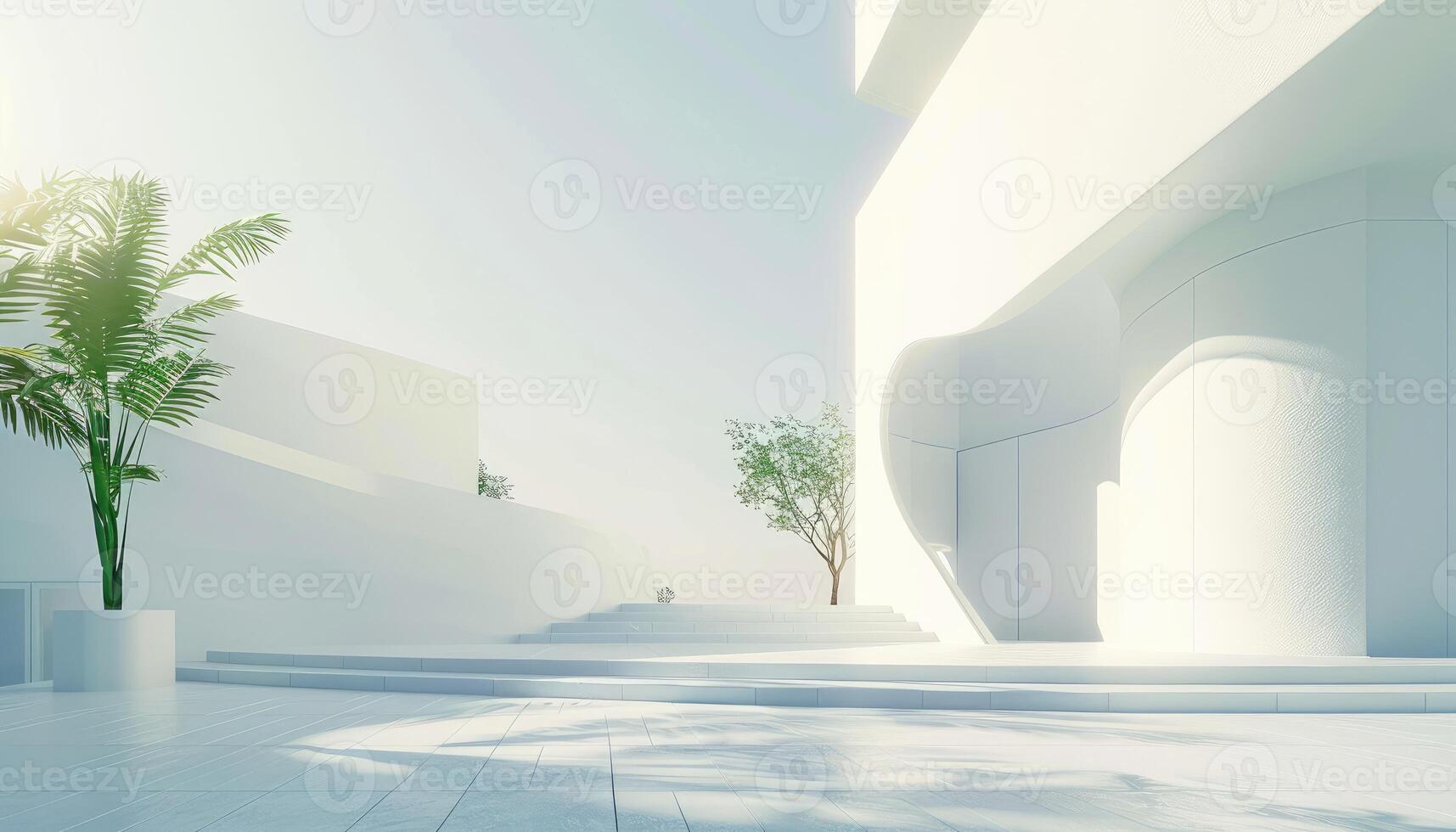 Minimalist Modern Architecture with Greenery and Sunlight photo