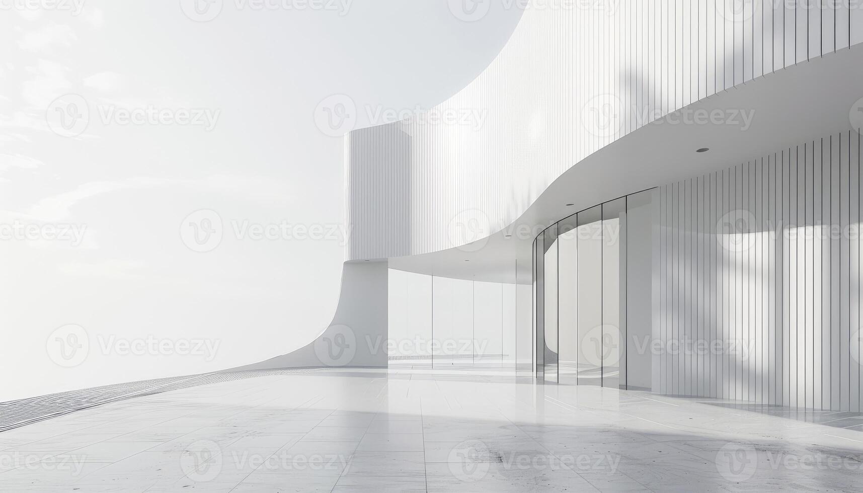 Minimalist White Modern Architecture Exterior with Glass Doors and Curved Walls photo